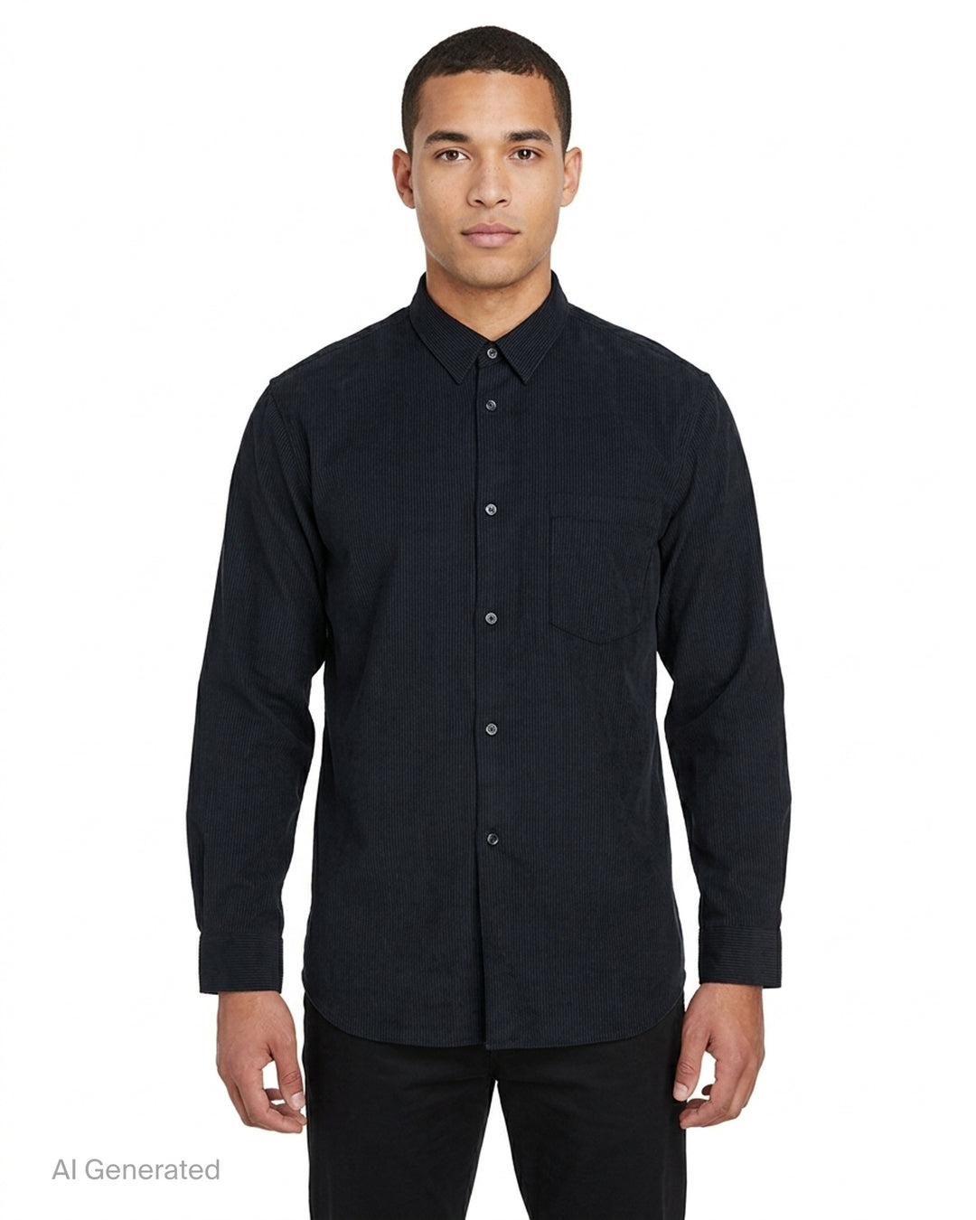 Comme des Garçons Shirt dark pinstripe long sleeve shirt with pointed collar, button front and chest pocket - front