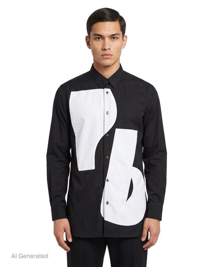 Comme des Garçons Shirt black long sleeve button-up shirt with curved white patchwork panels on the front - front
