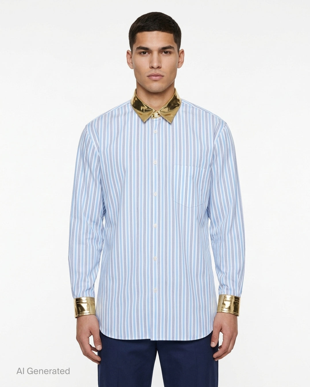 Blue and white striped button-up shirt with metallic gold collar and cuffs and a chest pocket - front