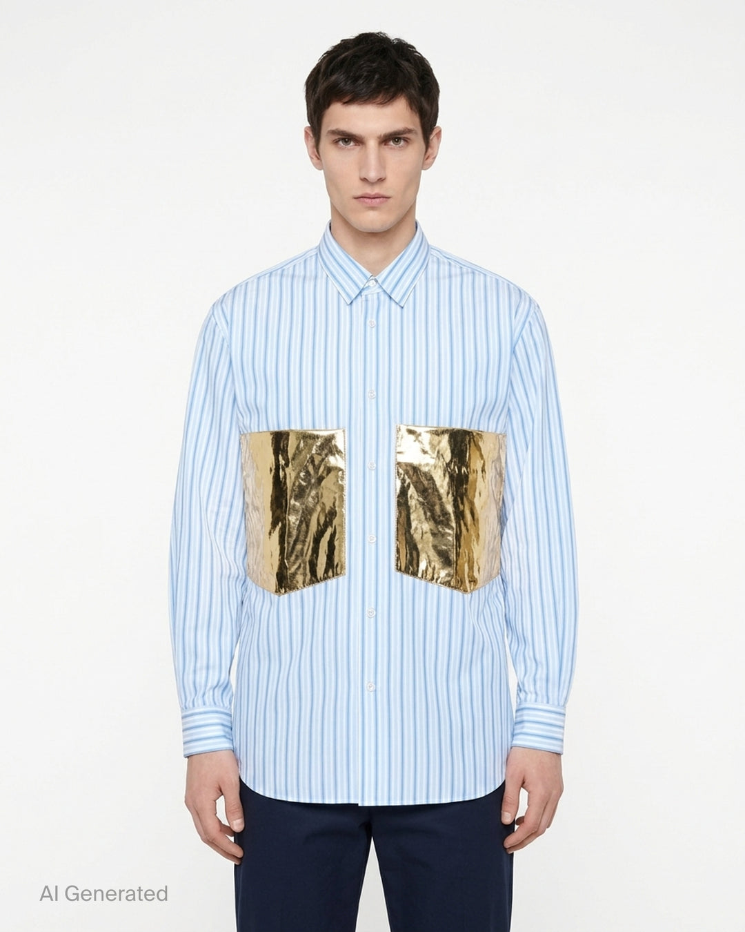 Comme des Garçons Shirt light blue and white striped long sleeve button-up shirt with two oversized metallic gold patch pockets, shown from the front - front