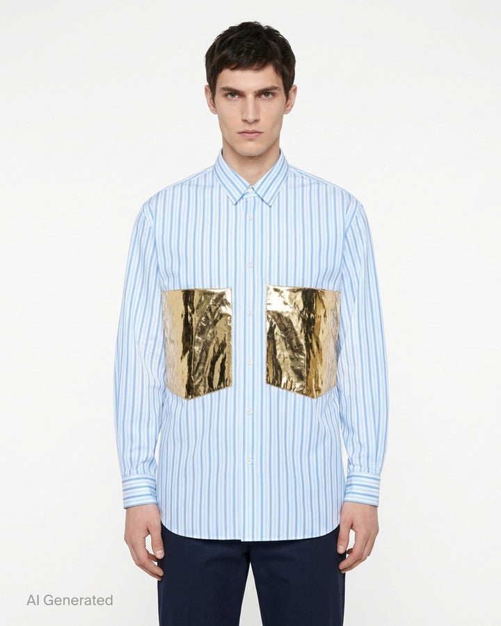 Comme des Garçons Shirt light blue and white striped long sleeve button-up shirt with two oversized metallic gold patch pockets, shown from the front - front