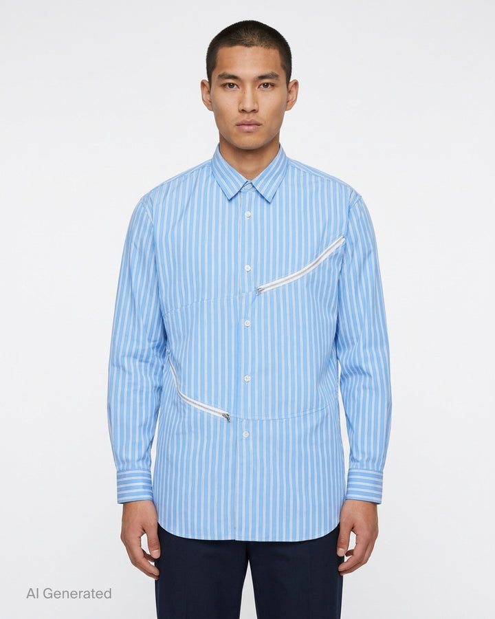 Comme des Garçons Shirt sky blue and white striped button-up shirt with curved seams and white zip detailing across the chest and waist - front