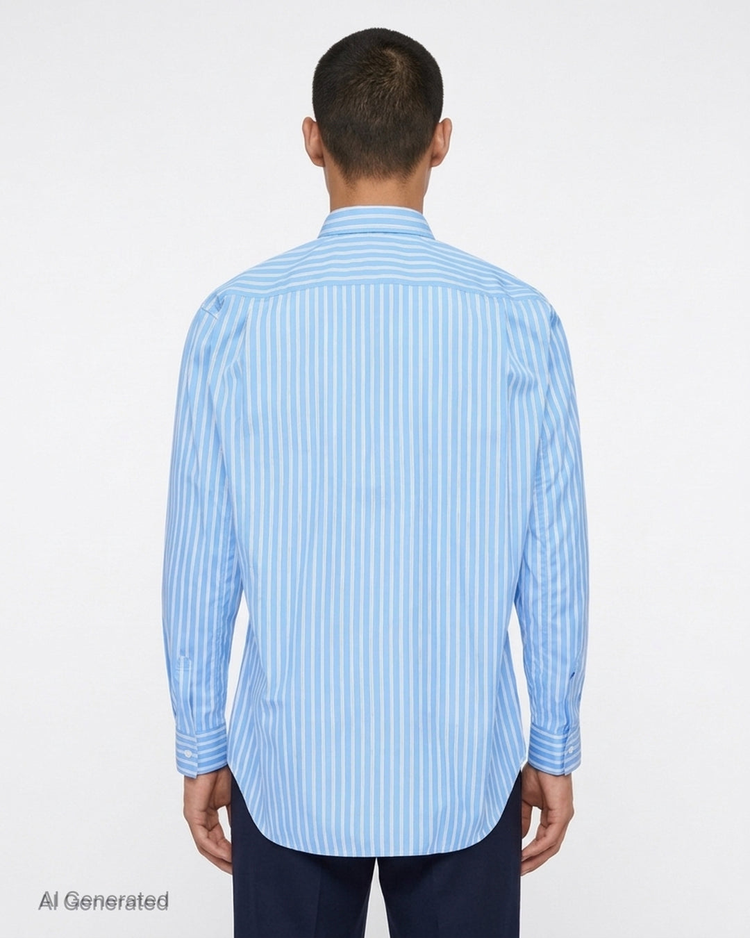 Comme des Garçons Shirt sky blue and white striped button-up shirt with curved seams and white zip detailing across the chest and waist - back