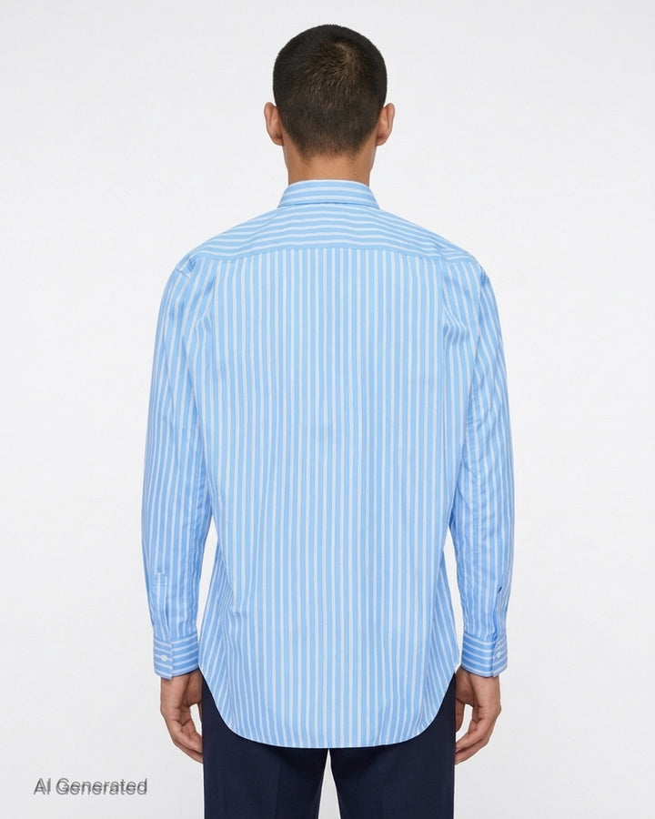 Comme des Garçons Shirt sky blue and white striped button-up shirt with curved seams and white zip detailing across the chest and waist - back