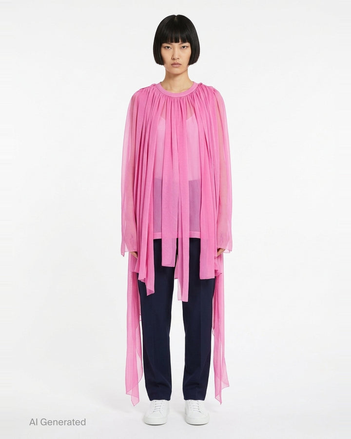 Comme des Garçons soft pleated sheer top in bubblegum pink, featuring a gathered round neckline and cascading semi-transparent streamer panels - front