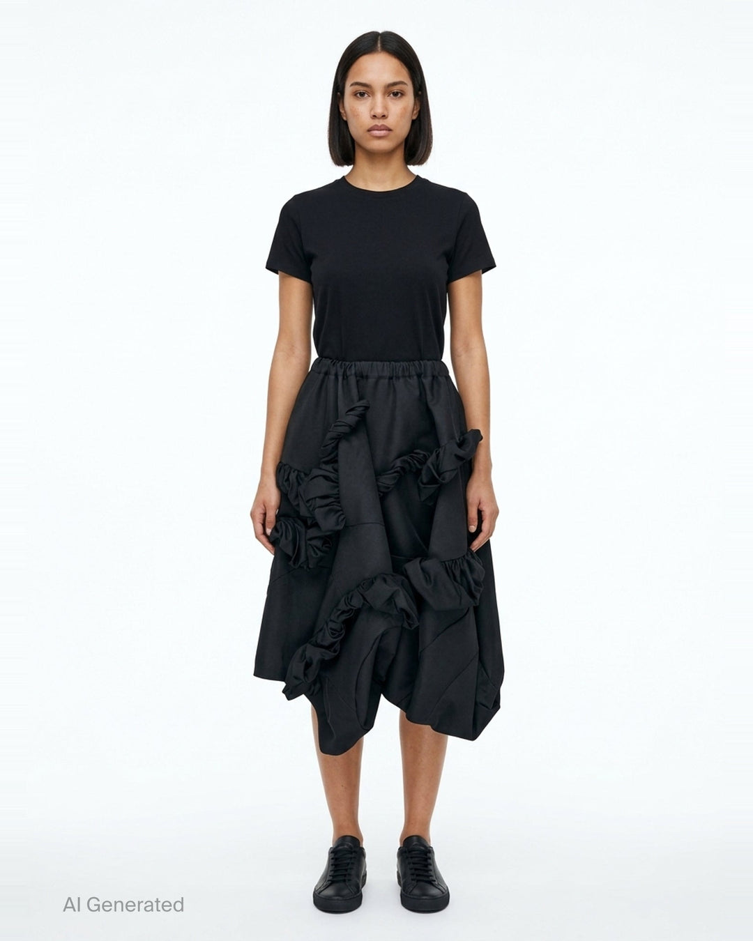 Comme des Garçons black voluminous balloon midi skirt with asymmetric sculptural ruffle clusters and elasticated waistband, product flat lay on white background - front
