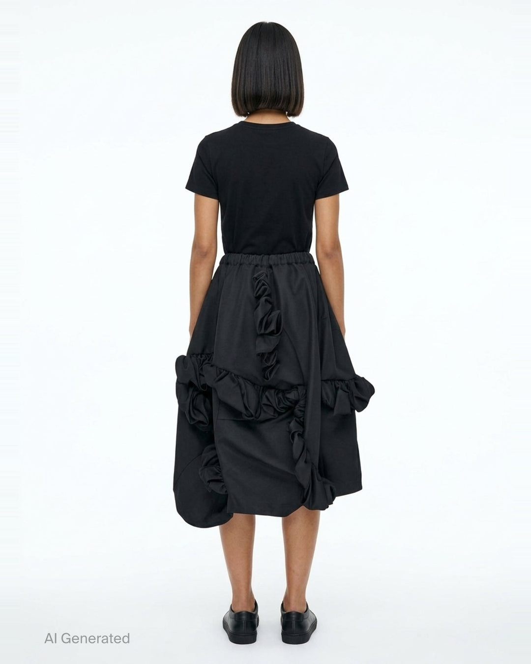 Comme des Garçons black voluminous balloon midi skirt with asymmetric sculptural ruffle clusters and elasticated waistband, product flat lay on white background - back