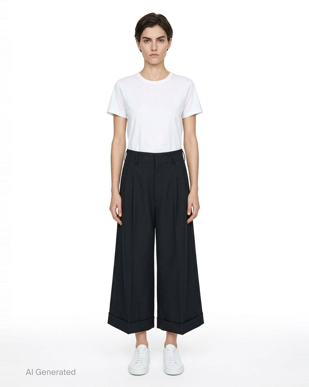 Comme des Garçons black wide leg pleated trousers with high waist, double front pleats, and deep turned-up cuffs, photographed flat on a white background - front