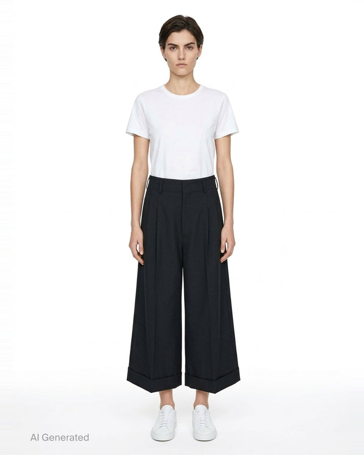 Comme des Garçons black wide leg pleated trousers with high waist, double front pleats, and deep turned-up cuffs, photographed flat on a white background - front