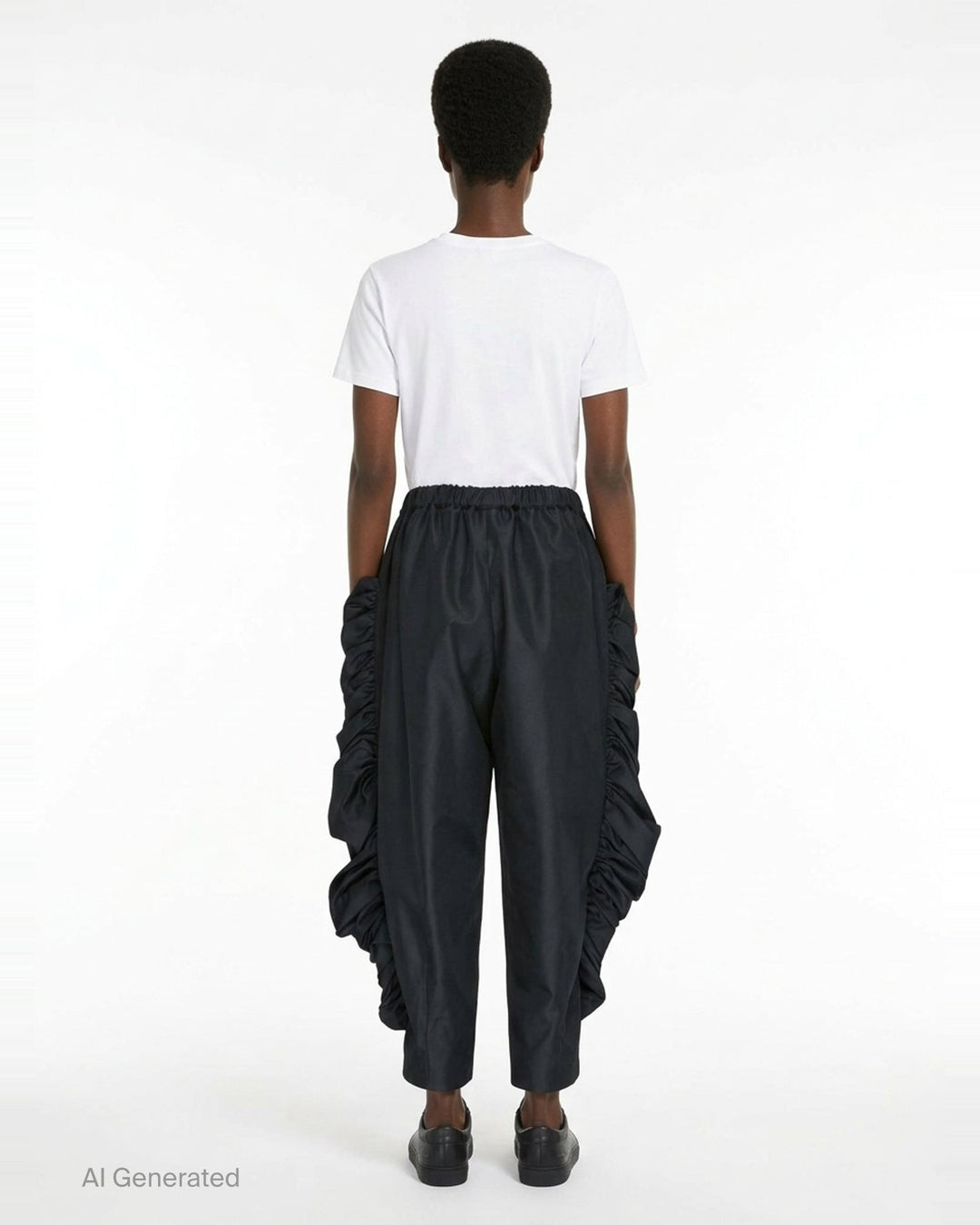Comme des Garçons wide-leg black pants with dramatic ruched frill panels along both side seams and an elasticated waistband, displayed flat against a white background - back