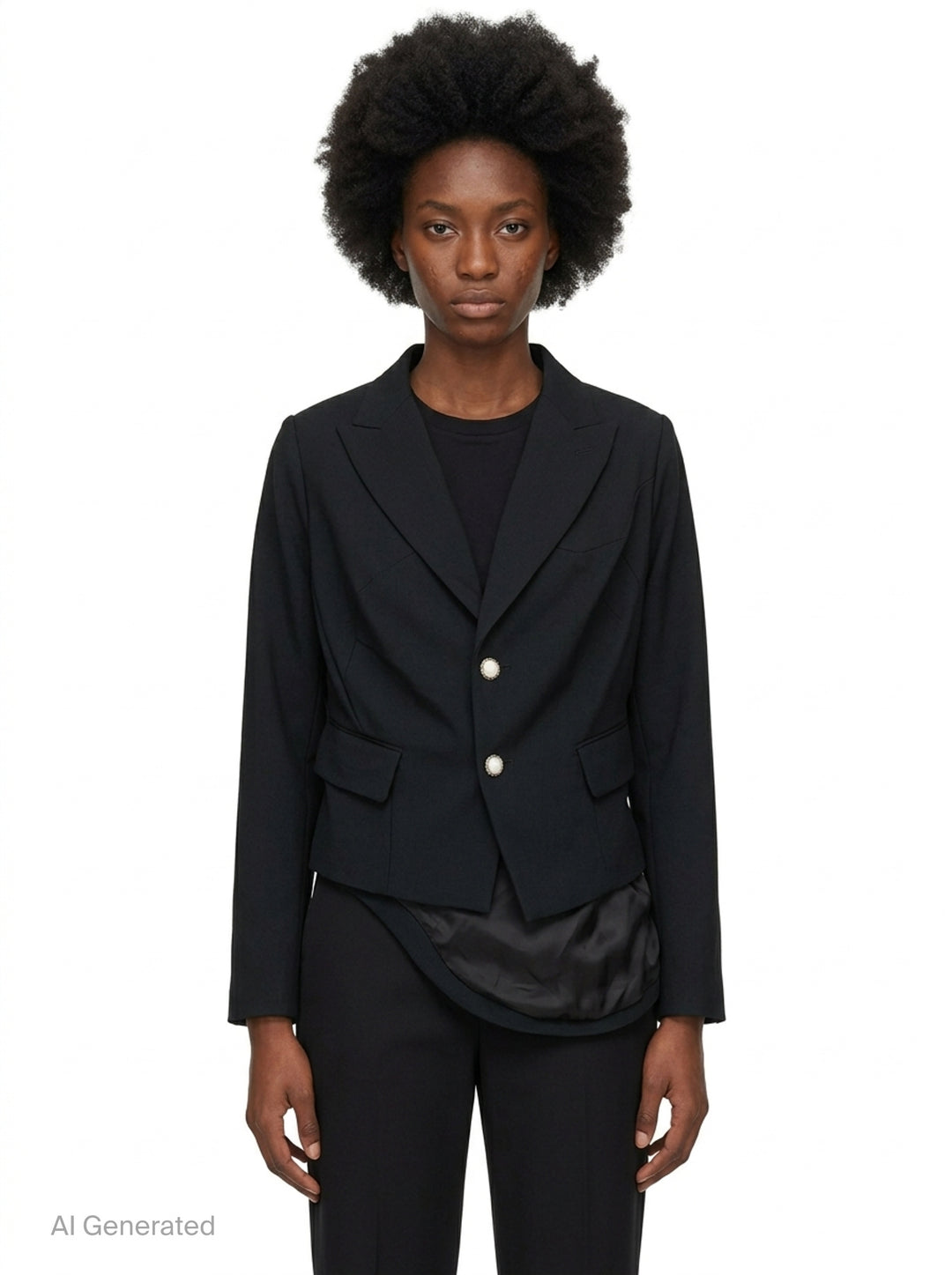 Comme des Garçons black wrap blazer with asymmetric curved hem panel exposing satin lining, peak lapels, jewel-set buttons, and structured shoulders, displayed flat on white background - front