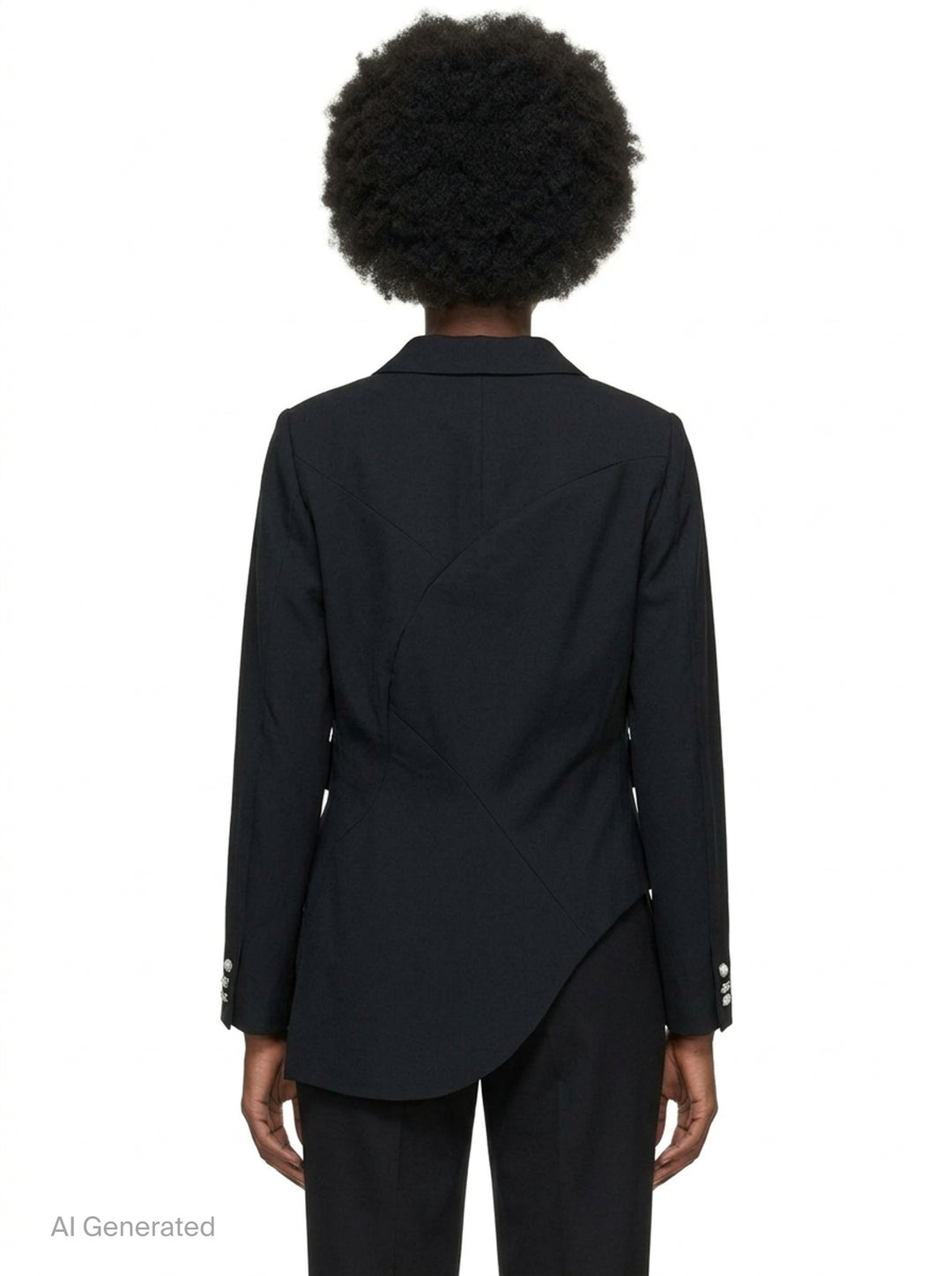 Comme des Garçons black wrap blazer with asymmetric curved hem panel exposing satin lining, peak lapels, jewel-set buttons, and structured shoulders, displayed flat on white background - back