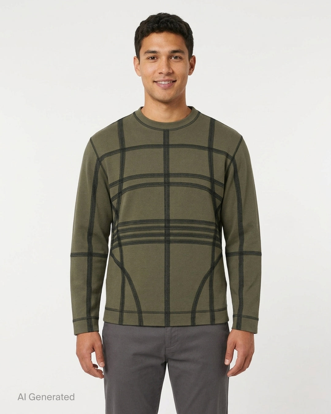 Craig Green olive long sleeve T-shirt with black flatlock stitching forming a grid pattern across the body and sleeves - front