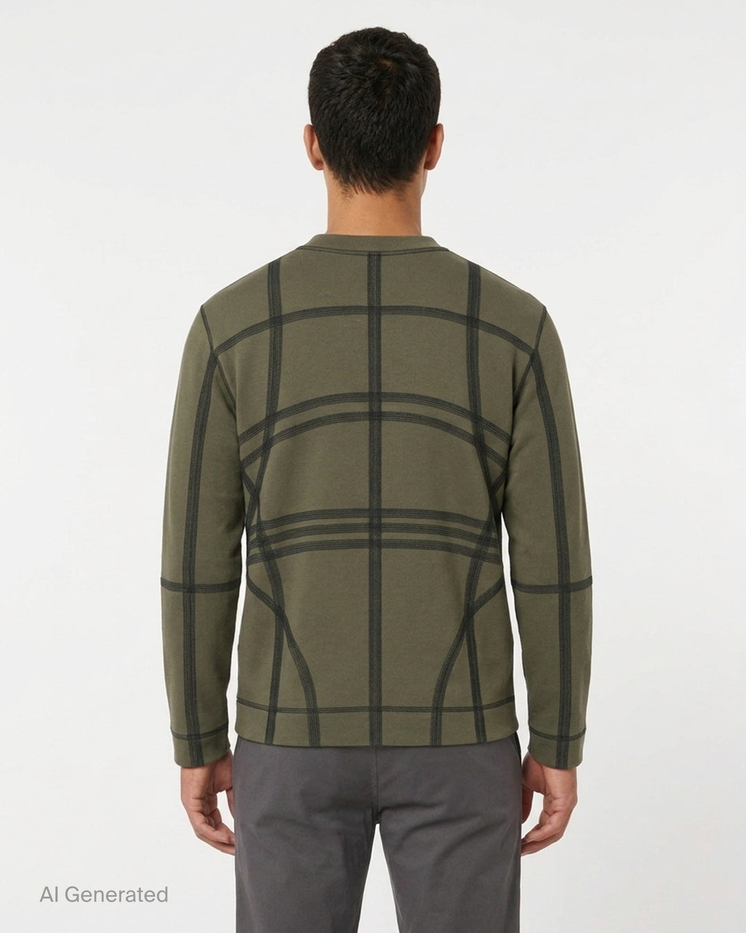 Craig Green olive long sleeve T-shirt with black flatlock stitching forming a grid pattern across the body and sleeves - back