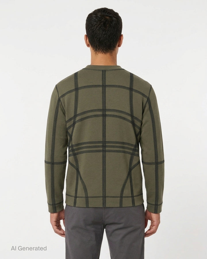 Craig Green olive long sleeve T-shirt with black flatlock stitching forming a grid pattern across the body and sleeves - back