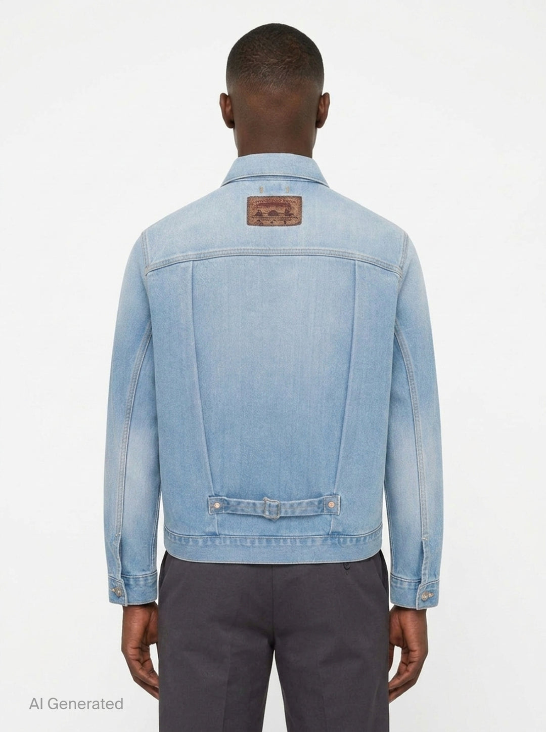 doublet Air Yarn Faded Denim Jacket in light-wash blue with archival printed patch labels on the chest pocket and cuff, featuring amber topstitching and gunmetal button fastening - back