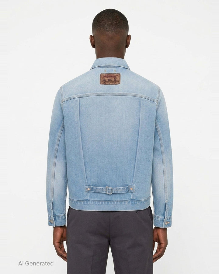 doublet Air Yarn Faded Denim Jacket in light-wash blue with archival printed patch labels on the chest pocket and cuff, featuring amber topstitching and gunmetal button fastening - back