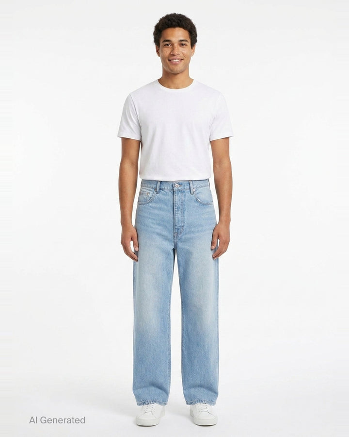 doublet Air Yarn Faded Wide-Leg Jeans in light wash blue, front view showing high-rise waist, five-pocket detail, and exaggerated wide leg silhouette with contrast orange topstitching - front