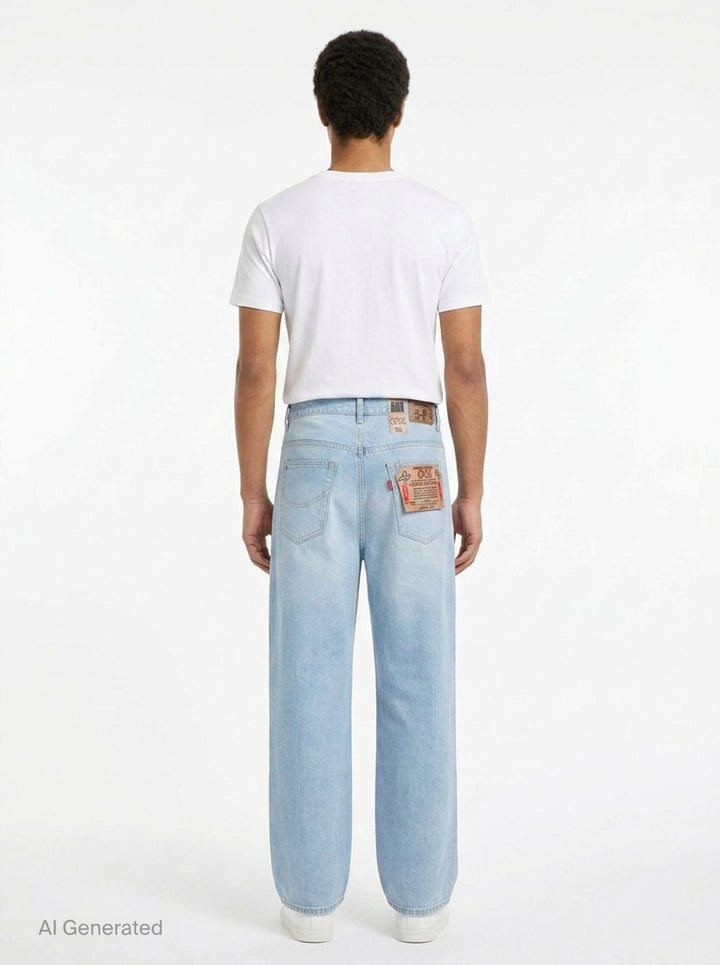 doublet Air Yarn Faded Wide-Leg Jeans in light wash blue, front view showing high-rise waist, five-pocket detail, and exaggerated wide leg silhouette with contrast orange topstitching - back