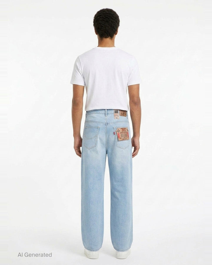 doublet Air Yarn Faded Wide-Leg Jeans in light wash blue, front view showing high-rise waist, five-pocket detail, and exaggerated wide leg silhouette with contrast orange topstitching - back