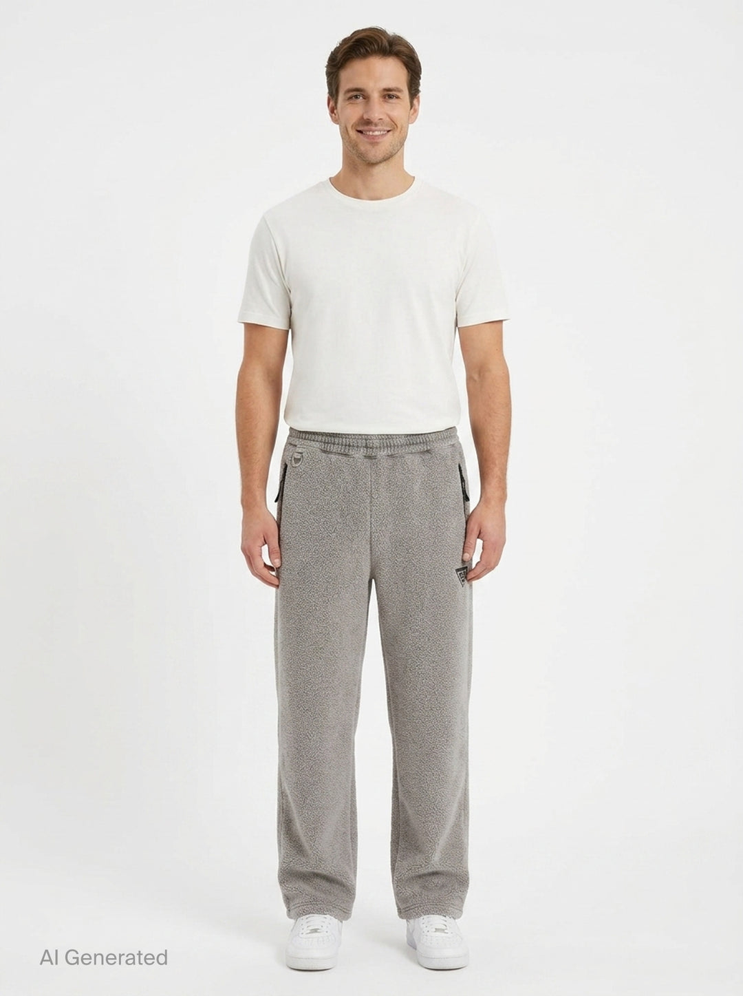 doublet Air Yarn Fleece Pants in heather grey, shown flat — wide-leg silhouette with speckled fleece texture, zip side pockets, elasticated drawstring waistband, and embroidered triangle logo patch at the hip - front