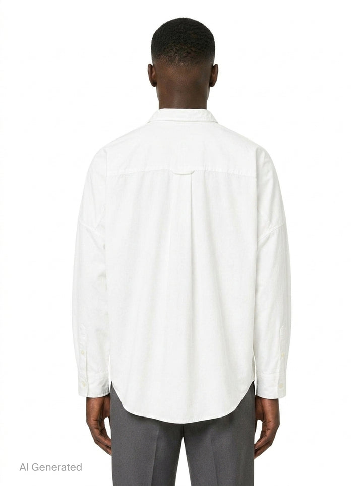 doublet Air Yarn Long Sleeve Shirt in white with embroidered CO2 Zephyr patch on the chest and repeated CO2 stamp graphic on the lower front, shown flat on a white background - back