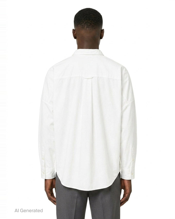 doublet Air Yarn Long Sleeve Shirt in white with embroidered CO2 Zephyr patch on the chest and repeated CO2 stamp graphic on the lower front, shown flat on a white background - back