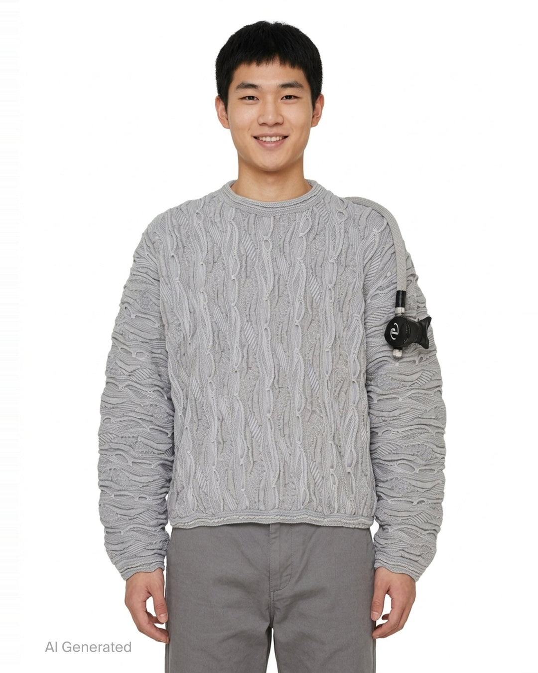 doublet Air Yarn Regulator Knit Pullover in grey, featuring distressed cable-knit texture across the body and sleeves with an attached scuba regulator hardware detail on the sleeve, crew neckline, shot flat on a white background - front
