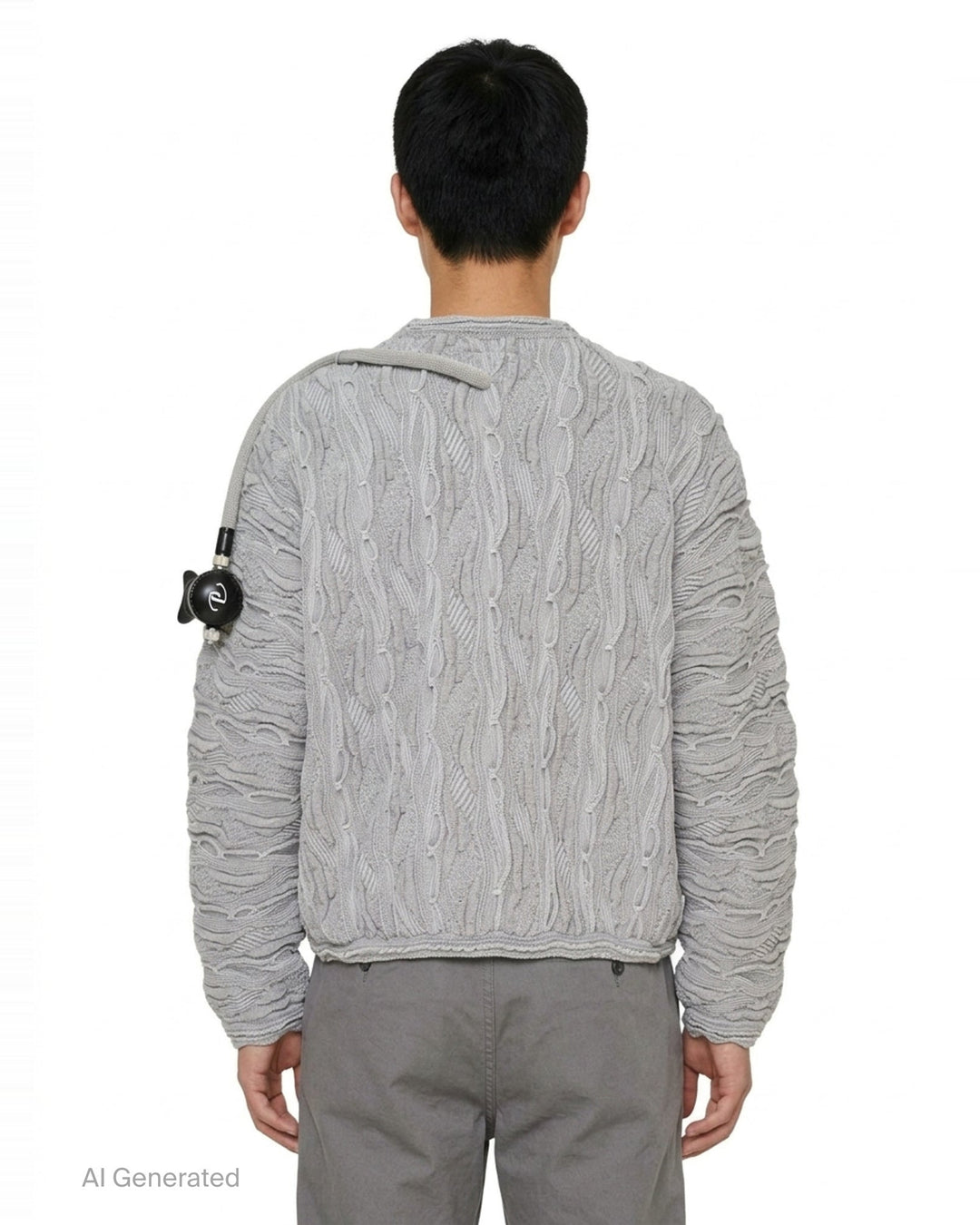 doublet Air Yarn Regulator Knit Pullover in grey, featuring distressed cable-knit texture across the body and sleeves with an attached scuba regulator hardware detail on the sleeve, crew neckline, shot flat on a white background - back
