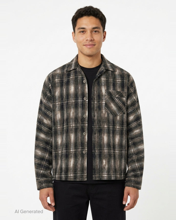 doublet Dust Flocky Pajama Shirt in distressed ombré plaid flannel with camp collar, button-front placket, and chest patch pocket - front