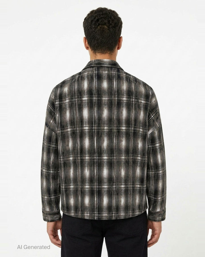 doublet Dust Flocky Pajama Shirt in distressed ombré plaid flannel with camp collar, button-front placket, and chest patch pocket - back