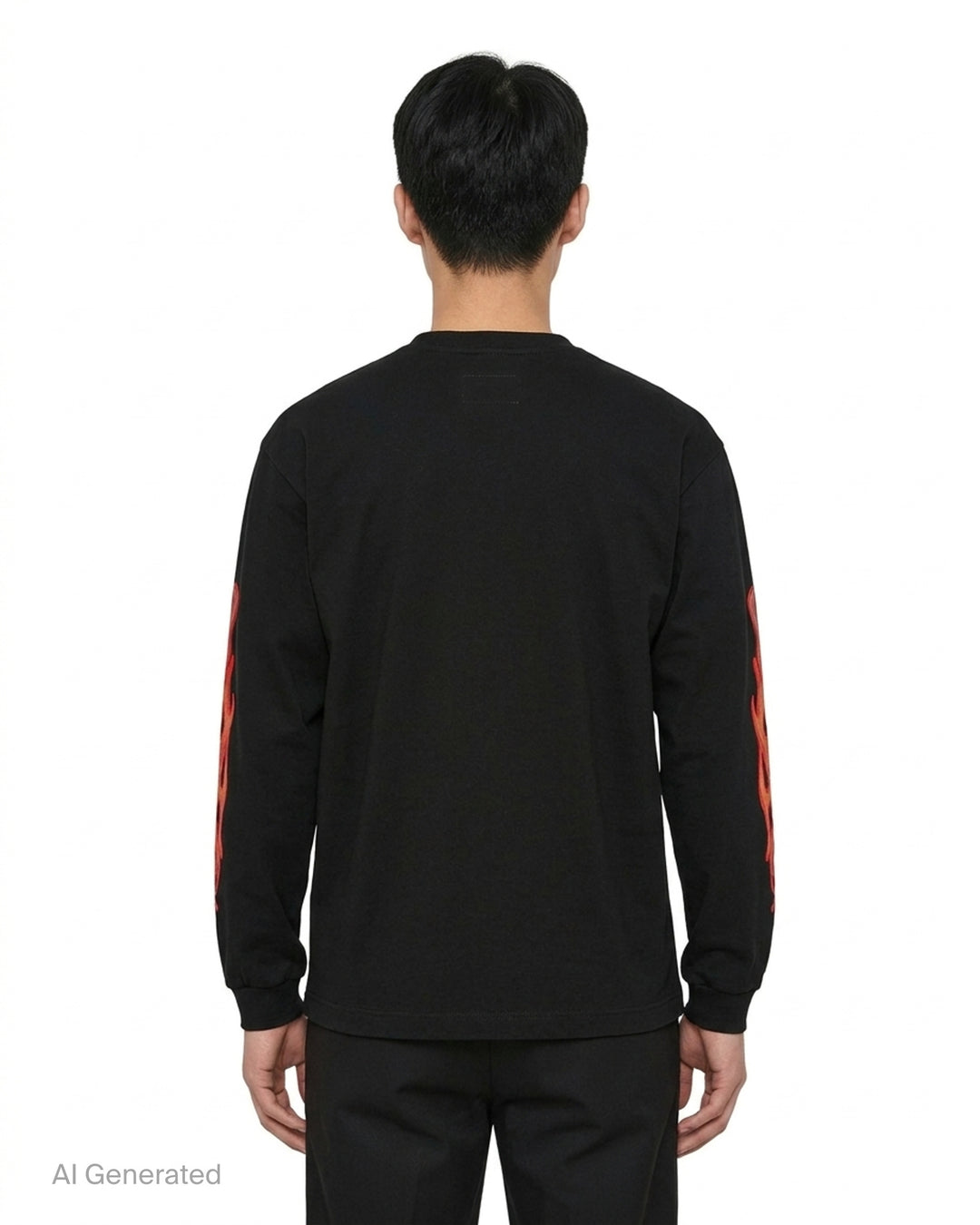 doublet black long sleeve tee with a lenticular campfire flame appliqué and Fucuation badge on the chest, with flame appliqués down both sleeves - back