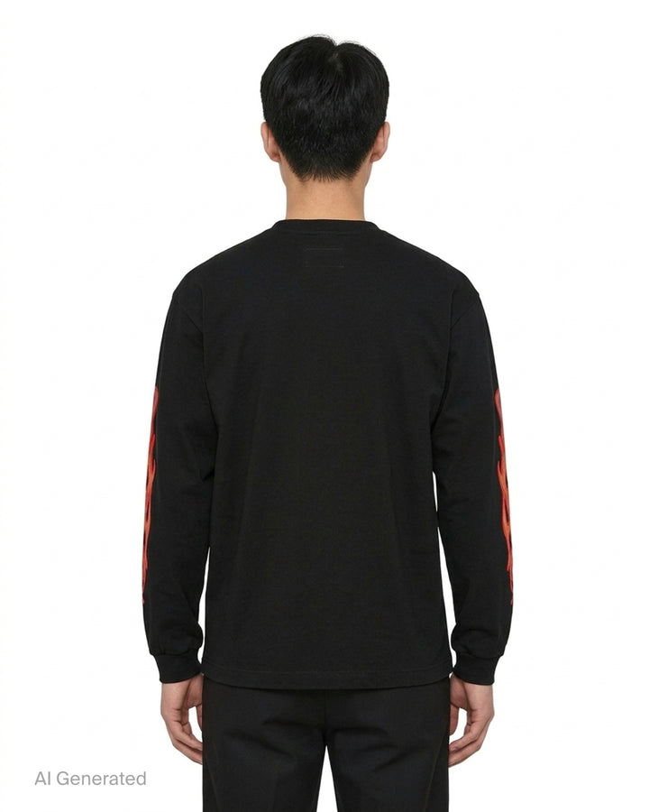 doublet black long sleeve tee with a lenticular campfire flame appliqué and Fucuation badge on the chest, with flame appliqués down both sleeves - back