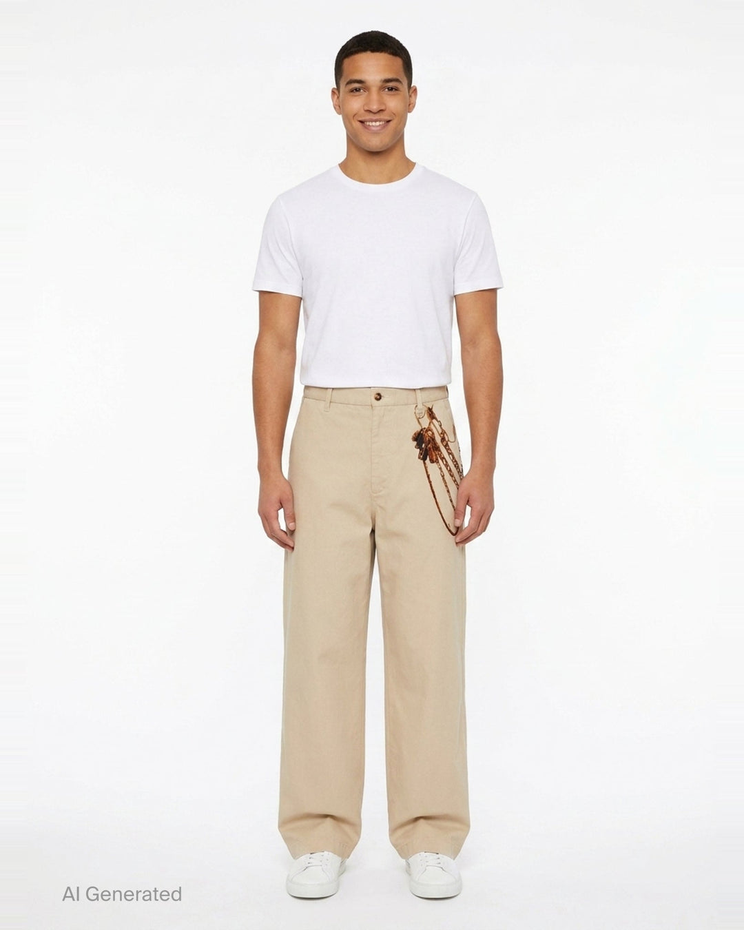 doublet Trompe L'Oeil Embroidery Chinos in sand, featuring a wide-leg silhouette and a detailed embroidery of a key ring with chains and keys at the hip - front