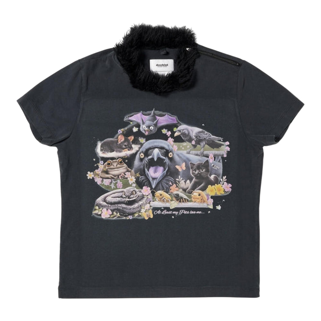 Club21 - doublet - Furry Collar Zip-Up T-Shirt - TEES - Black