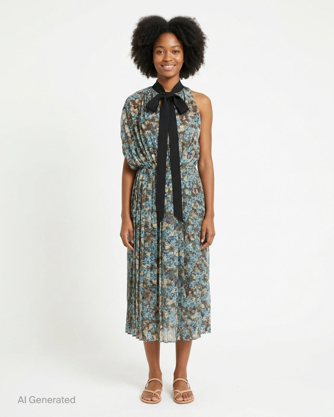 Dries Van Noten asymmetrical pleated dress in a blue, olive, and ivory floral print with draped bodice and ribbed black neckline trim - front