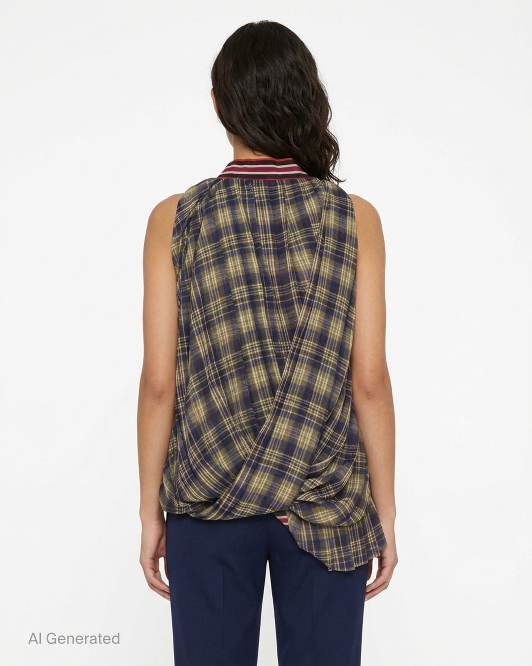 Dries Van Noten asymmetrical pleated top in sheer navy, olive and cream plaid with draped wrap front and striped ribbon bow at the neckline - back