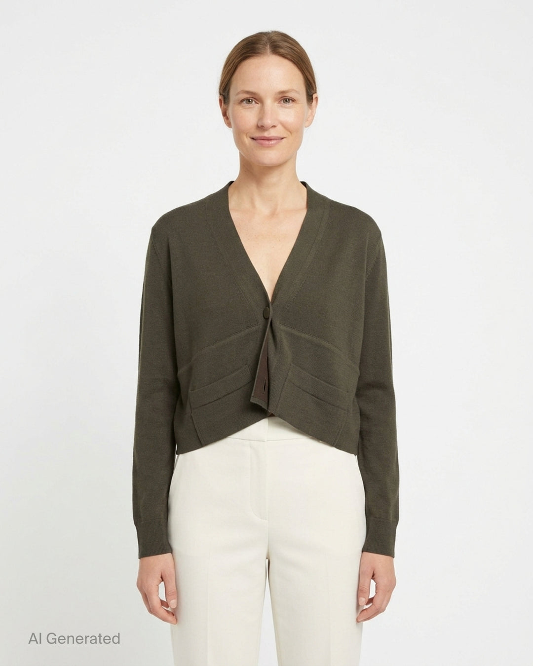 Dries Van Noten Back Tie Cardigan in olive brown, featuring draped overlapping front panels, a single-button fastening with tassel, and a cropped fine-gauge knit silhouette - front