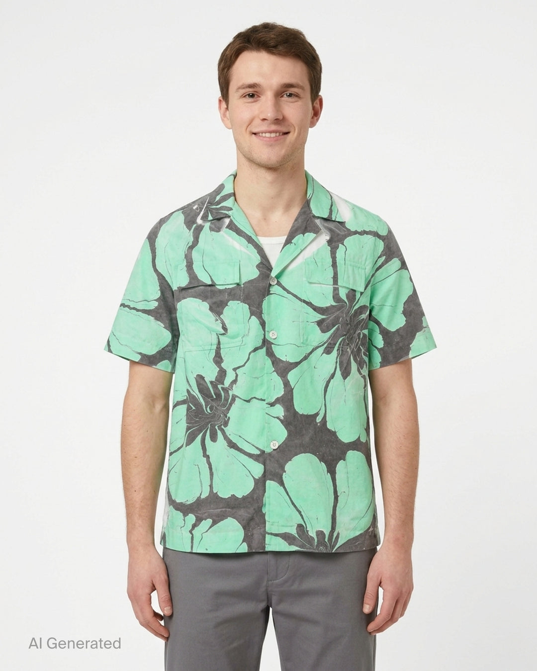Dries Van Noten boxy fit short sleeve shirt with an oversized marbled mint green floral print on charcoal, camp collar, white buttons and flap chest pockets - front