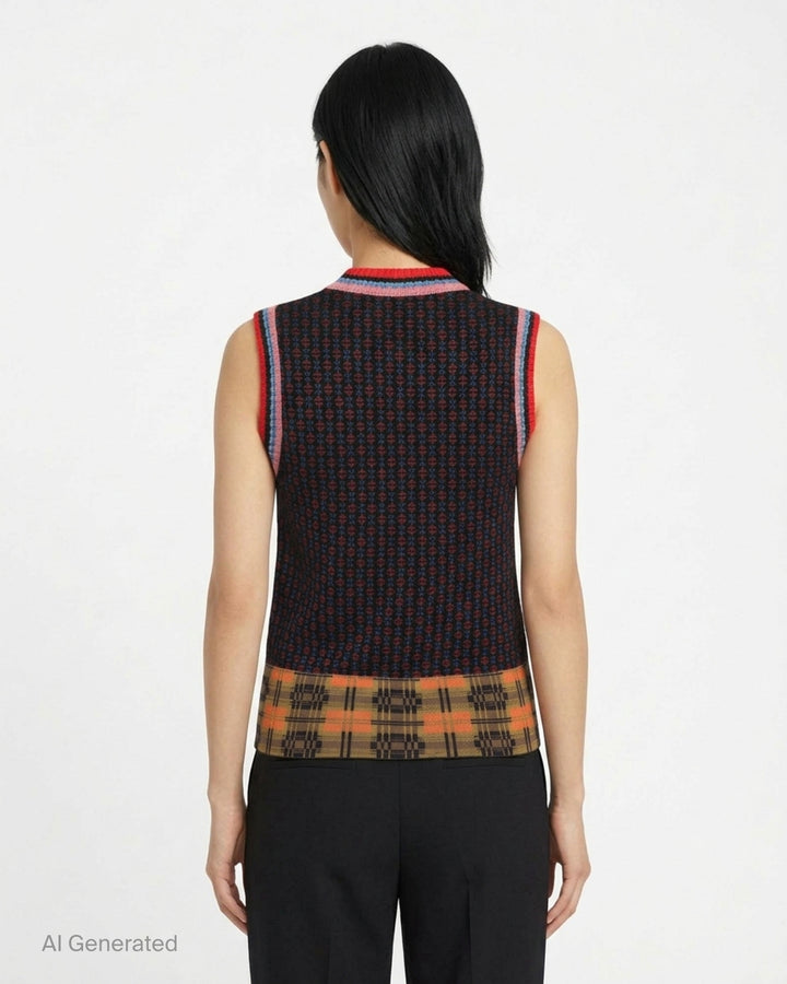 Dries Van Noten sleeveless knit vest with geometric jacquard body, striped ribbed neckline and plaid-pattern hem - back