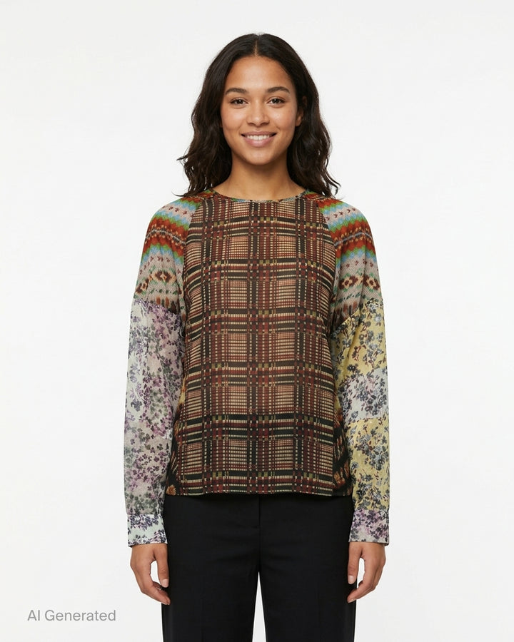 Dries Van Noten long-sleeve woven top — back view — with a Dutch Master floral bouquet print on a black body and pixelated mosaic-print sleeves in warm amber, red, and multicolour tones - front