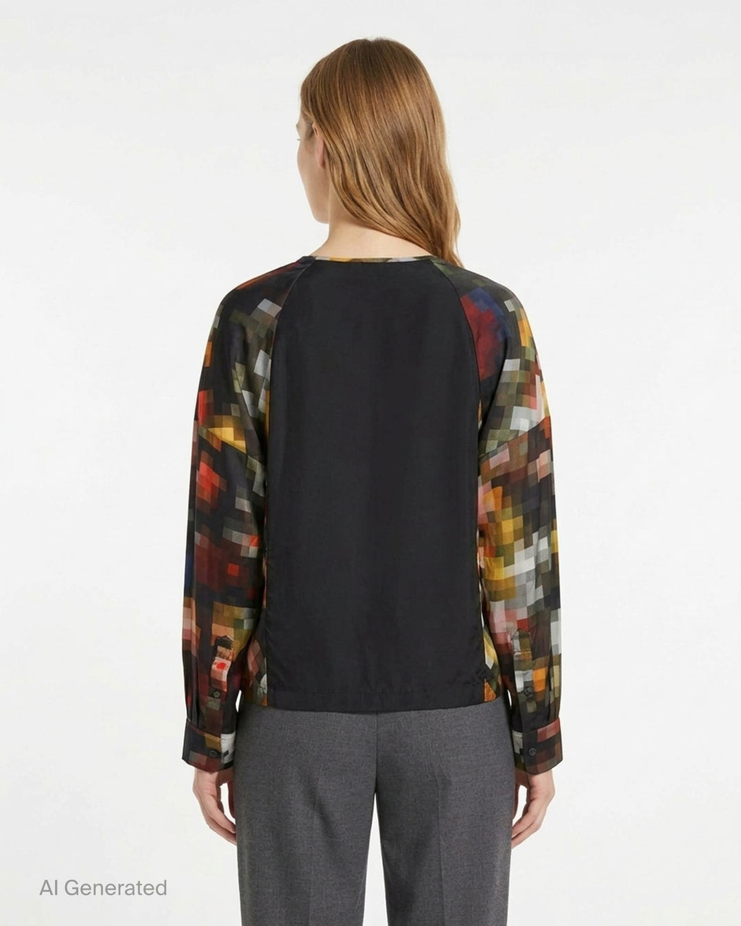 Dries Van Noten long-sleeve woven top — back view — with a Dutch Master floral bouquet print on a black body and pixelated mosaic-print sleeves in warm amber, red, and multicolour tones - back