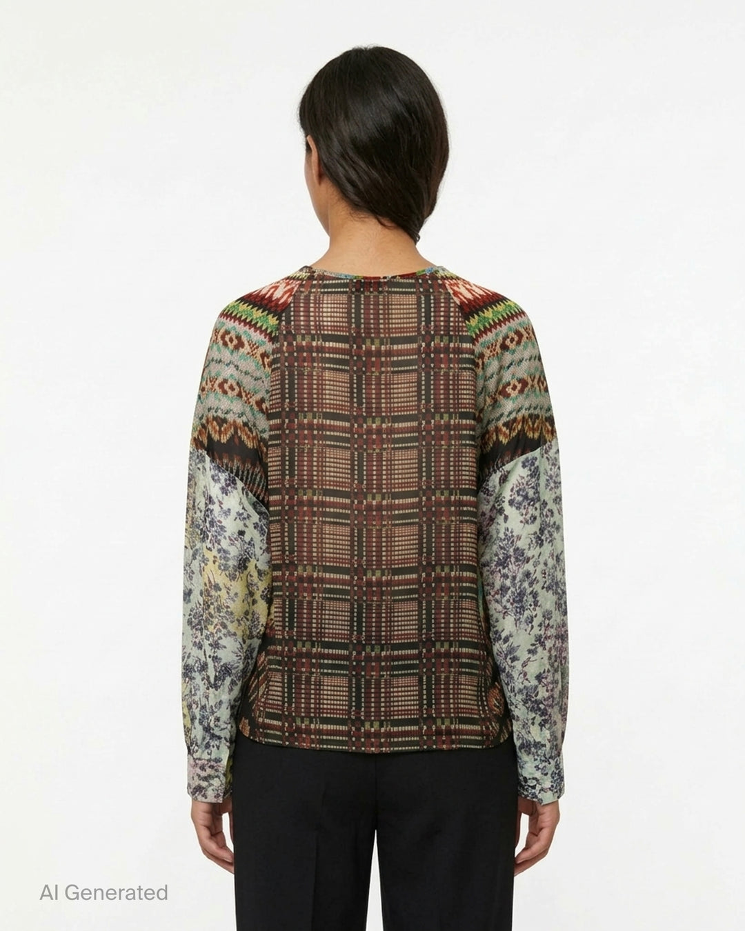 Dries Van Noten long-sleeve woven top — back view — with a Dutch Master floral bouquet print on a black body and pixelated mosaic-print sleeves in warm amber, red, and multicolour tones - back
