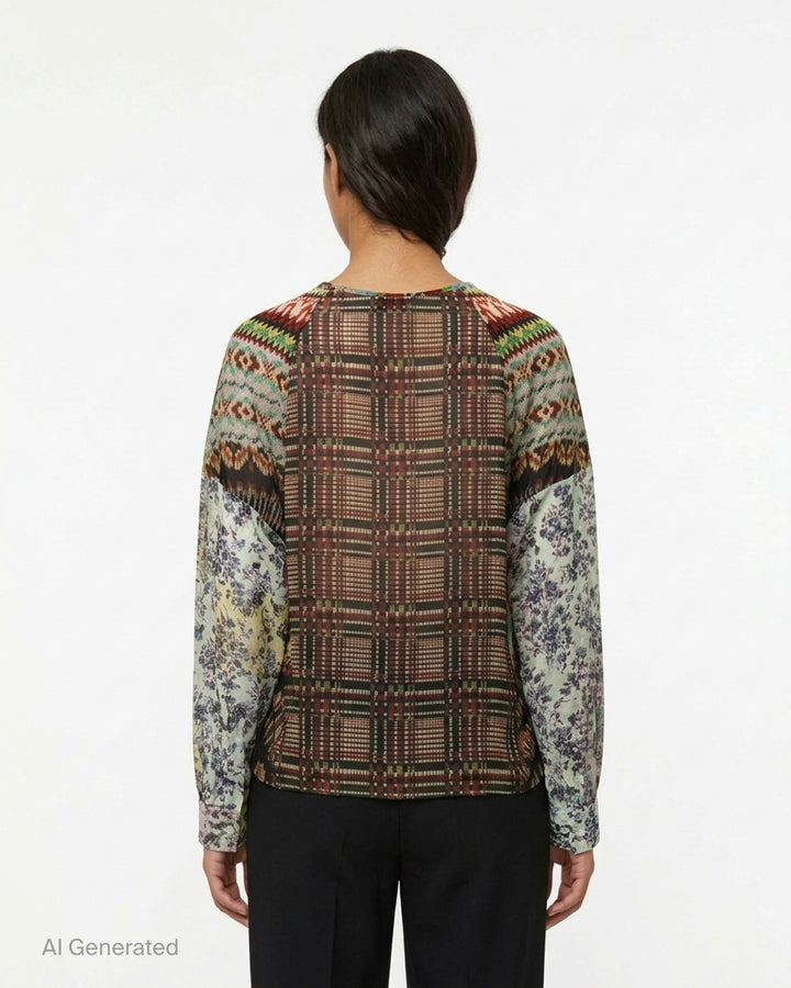 Dries Van Noten long-sleeve woven top — back view — with a Dutch Master floral bouquet print on a black body and pixelated mosaic-print sleeves in warm amber, red, and multicolour tones - back