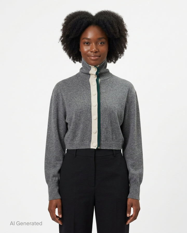Dries Van Noten Contrast Trim Cardigan in dark brown with a teal ribbed button placket and high funnel neck, cropped silhouette with long sleeves - front