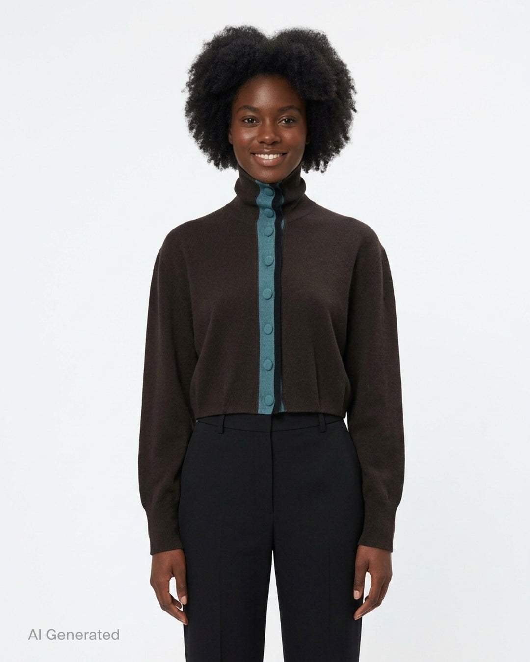 Dries Van Noten Contrast Trim Cardigan in dark brown with a teal ribbed button placket and high funnel neck, cropped silhouette with long sleeves - front