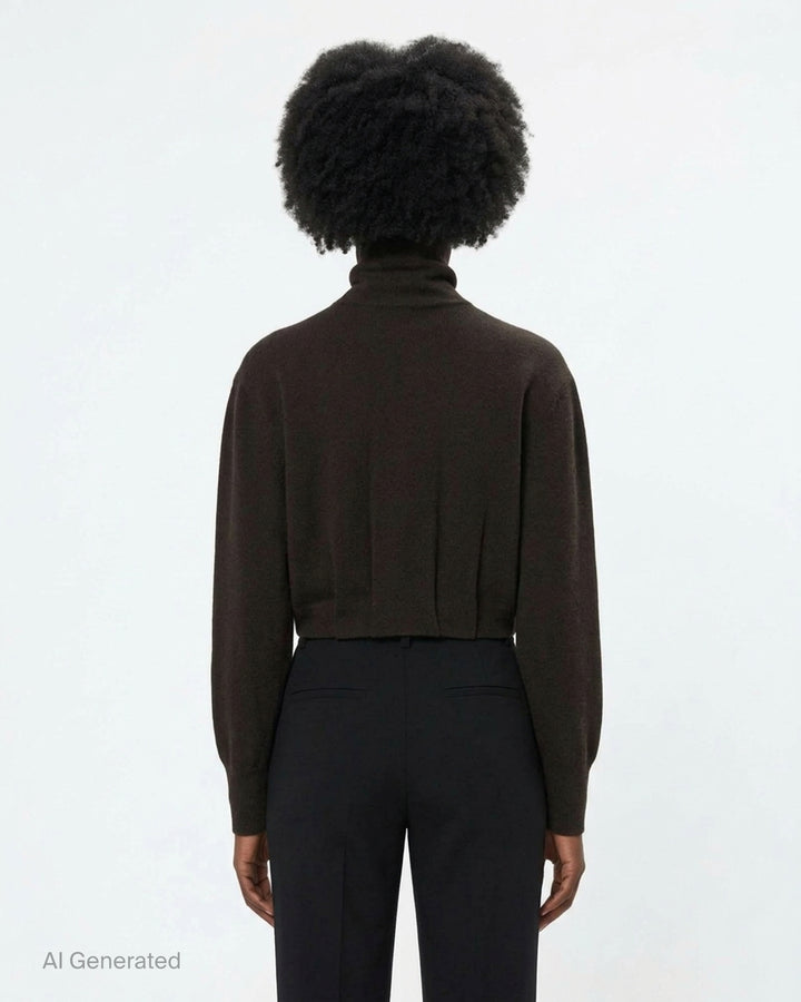 Dries Van Noten Contrast Trim Cardigan in dark brown with a teal ribbed button placket and high funnel neck, cropped silhouette with long sleeves - back