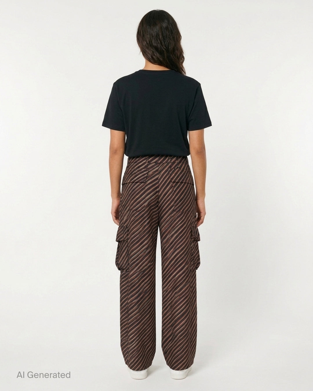 Dries Van Noten diagonal stripe wide-leg cargo pants in navy, brown and cream with pleated waist and gathered pockets - back