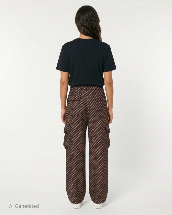 Dries Van Noten diagonal stripe wide-leg cargo pants in navy, brown and cream with pleated waist and gathered pockets - back