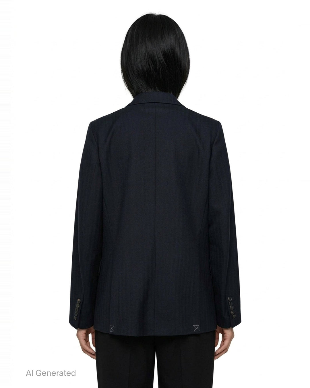 Dries Van Noten navy double breasted blazer with six dark buttons, peak lapels, and an ornate gold floral embellishment on the chest - back